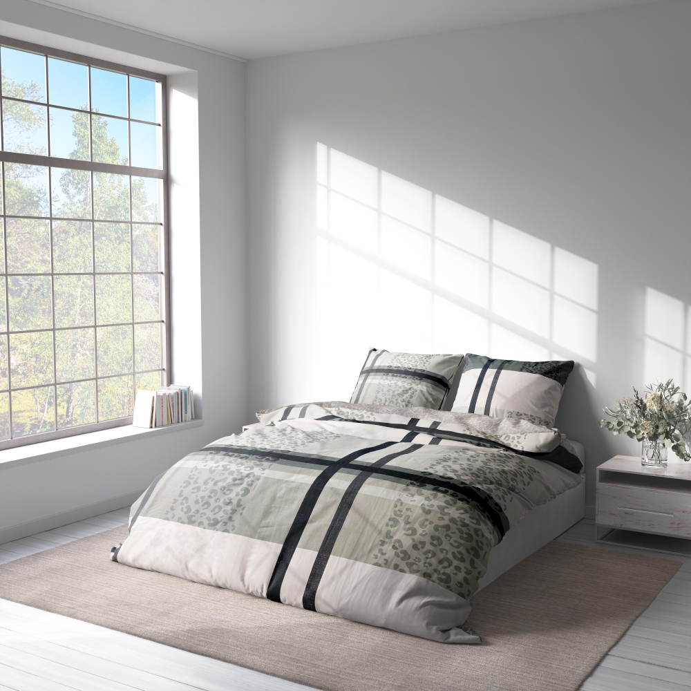 Komplet pościeli "Lane Luxe". Komplety pościeli 140x200, 140x200 cm. Elegancki zestaw pościeli z przecinającymi się liniami siatki i efektownym akcentem w panterkę