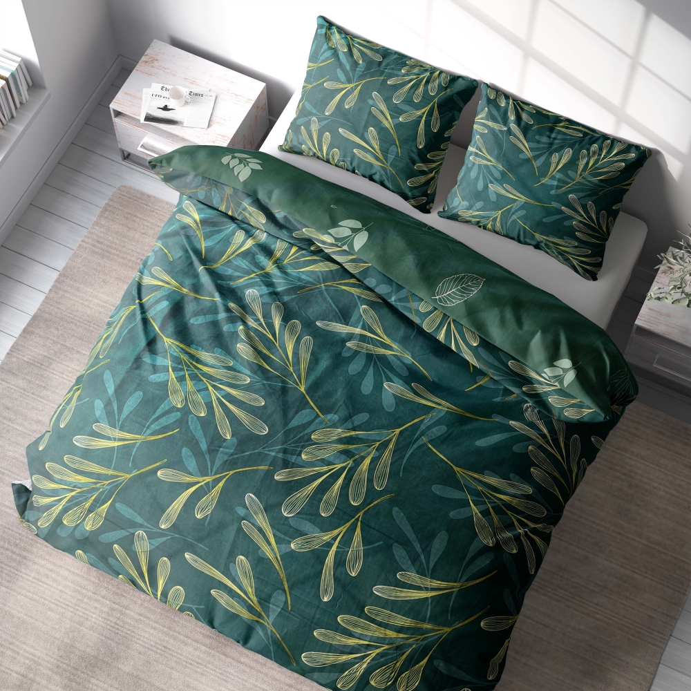 Pościel satyna bawełniana "Premium Laurel". Pościel Satynowa Premium, 140x200 cm, 200x200 cm, 200x220 cm. Odważny ciemnozielony zestaw pościeli z dużym wzorem liści i gałęzi, wprowadzający wzrost, witalność i kojącą energię do twojej przestrzeni.