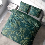 Pościel satyna bawełniana "Premium Laurel". Pościel Satynowa Premium, 140x200 cm, 200x200 cm, 200x220 cm. Odważny ciemnozielony zestaw pościeli z dużym wzorem liści i gałęzi, wprowadzający wzrost, witalność i kojącą energię do twojej przestrzeni.