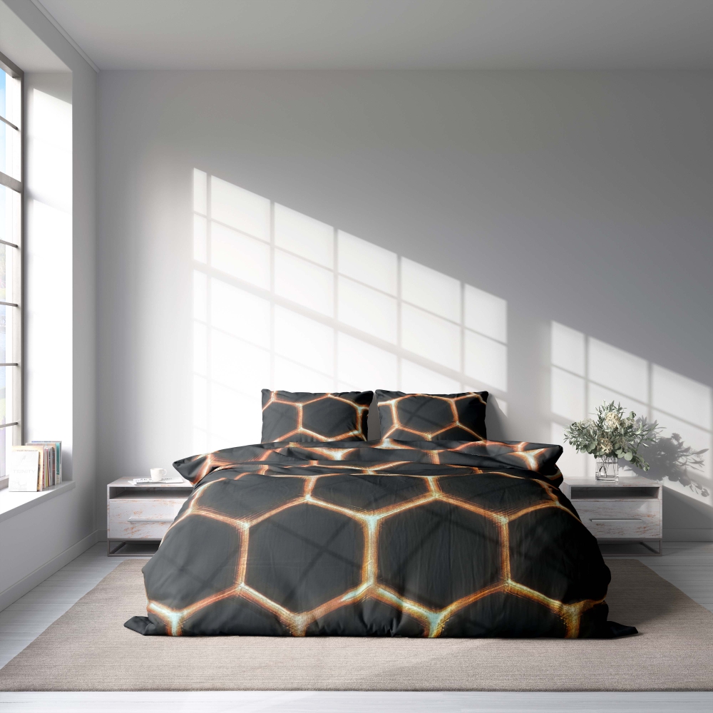 Komplet pościeli "Lavahive". Komplety pościeli 140x200, 200x220 cm. Stylowy czarny komplet pościeli z wzorem przypominającym iskry z ula.