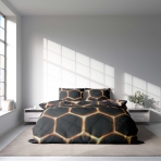 Komplet pościeli "Lavahive". Komplety pościeli 140x200, 200x220 cm. Stylowy czarny komplet pościeli z wzorem przypominającym iskry z ula.