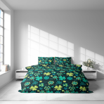 Komplet pościeli „Lucky Leaf“. Komplety pościeli 140x200, 140x200 cm, 160x200 cm, 200x200 cm, 200x220 cm, 220x240 cm. Elegancki ciemnozielony zestaw pościeli zdobiony licznymi koniczynami, dodającym żartobliwy i świeży element do twojej sypialni.
