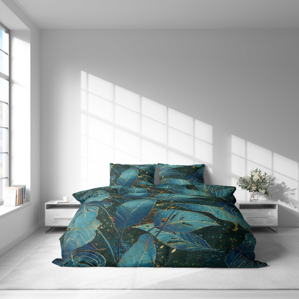 Komplet pościeli "Luminare". Zielona pościel, 140x200 cm, 150x200 cm, 160x200 cm, 180x200 cm, 200x200 cm, 200x220 cm, 220x240 cm. Zielono-niebieski komplet pościeli ze złotymi akcentami.