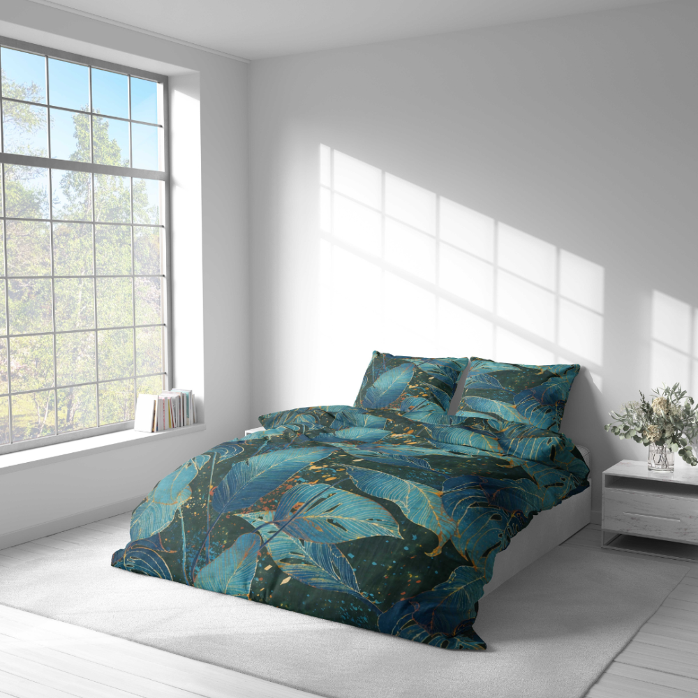 Komplet pościeli "Luminare". Zielona pościel, 140x200 cm, 150x200 cm, 160x200 cm, 180x200 cm, 200x200 cm, 200x220 cm, 220x240 cm. Szmaragdowa pościel z dużymi niebiesko-zielonymi liśćmi.