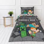 Pościel bawełniana „Minecraft“. Pościel bawełniana, 135x200 cm. Pościel minecraft z zielonymi postaciami i wzorem szarych bloków.