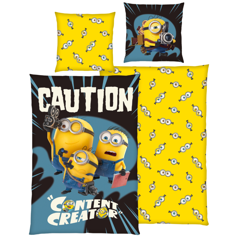 Pościel bawełniana „Minions“. Pościel bawełniana, 135x200 cm. Żółty wzór pościeli minions z drobnymi motywami oczu minionków Pościel bawełniana „Minions“. Pościel bawełniana, 135x200 cm. Żółty wzór pościeli minions z drobnymi motywami oczu minionków
