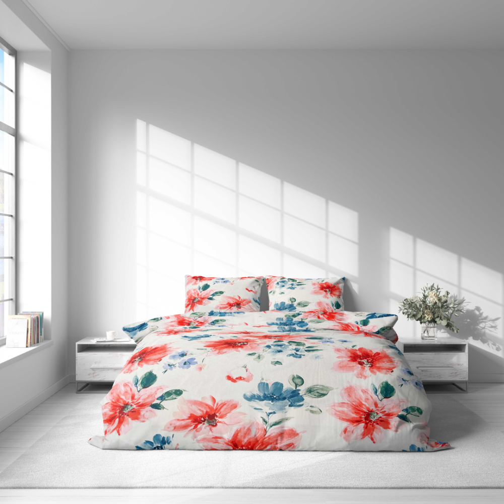 Komplet pościeli „Miraflores“. Komplety pościeli 140x200, 140x200 cm, 160x200 cm, 200x200 cm, 200x220 cm, 220x240 cm. Wzór tkaniny w stylu akwarelowym, przedstawiający luźno rozmieszczone kwiaty oraz listki.