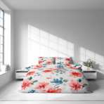 Komplet pościeli „Miraflores“. Komplety pościeli 140x200, 140x200 cm, 160x200 cm, 200x200 cm, 200x220 cm, 220x240 cm. Wzór tkaniny w stylu akwarelowym, przedstawiający luźno rozmieszczone kwiaty oraz listki.