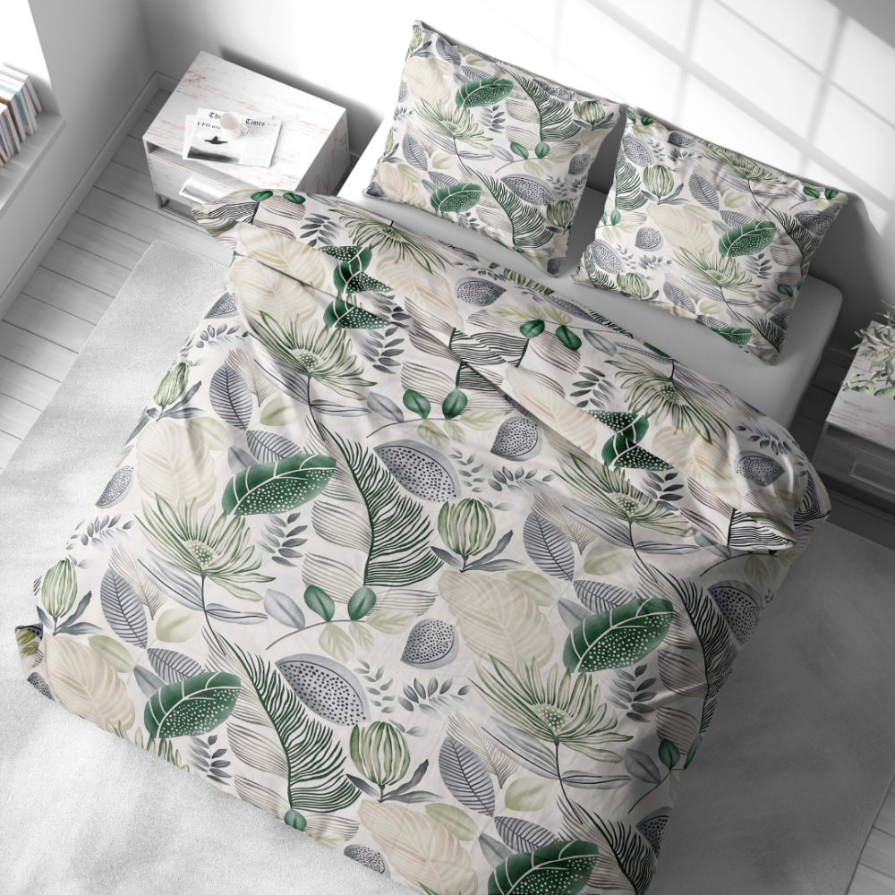 Komplet pościeli „Natural Emporium“. Komplety pościeli 140x200, 140x200 cm, 200x200 cm, 200x220 cm. Spokojny komplet pościeli z motywami roślinnymi, idealny wybór dla miłośników natury.