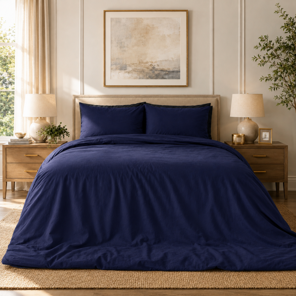 Komplet pościeli "Navy". Pościel jednokolorowa, 140x200 cm, 150x200 cm, 160x200 cm, 180x200 cm, 200x200 cm, 200x220 cm, 220x240 cm. Granatowy komplet pościeli w jasnej, eleganckiej sypialni z drewnianymi meblami w ciepłych odcieniach. Komplet pościeli "Navy". Pościel jednokolorowa, 140x200 cm, 150x200 cm, 160x200 cm, 180x200 cm, 200x200 cm, 200x220 cm, 220x240 cm. Granatowy komplet pościeli w jasnej, eleganckiej sypialni z drewnianymi meblami w ciepłych odcieniach.