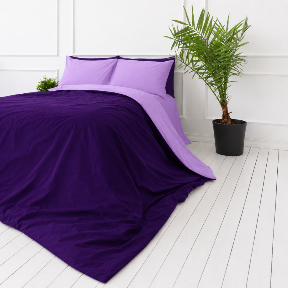 Komplet pościeli "Orchid Pansy". Fioletowa pościel, 140x200 cm, 150x200 cm, 160x200 cm, 180x200 cm, 200x200 cm, 200x220 cm, 220x240 cm. Jednolity lawendowy komplet pościeli z głębokim purpurowym kontrastem.