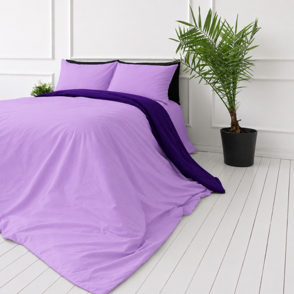 Komplet pościeli "Orchid Pansy". Fioletowa pościel, 140x200 cm, 150x200 cm, 160x200 cm, 180x200 cm, 200x200 cm, 200x220 cm, 220x240 cm. Nowoczesny fioletowy komplet pościeli z jasnym i ciemnym połączeniem.