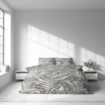 Komplet pościeli „Palm Drift“. Komplety pościeli 140x200, 140x200 cm, 160x200 cm, 200x200 cm, 200x220 cm, 220x240 cm. Elegancki zestaw pościeli w jasnych odcieniach, pięknie akcentowany szczegółowymi liśćmi palmowymi, tworzący spokojną i przytulną atmosferę.