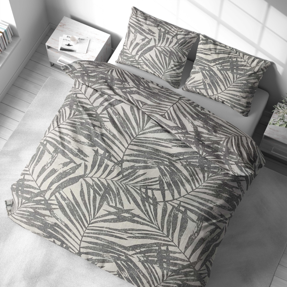 Komplet pościeli „Palm Drift“. Komplety pościeli 140x200, 140x200 cm, 160x200 cm, 200x200 cm, 200x220 cm, 220x240 cm. Zestaw pościeli w jasnych kolorach z radosnymi wzorami liści palmowych, nadającymi twojej sypialni wakacyjny, lekki klimat.