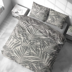 Komplet pościeli „Palm Drift“. Komplety pościeli 140x200, 140x200 cm, 160x200 cm, 200x200 cm, 200x220 cm, 220x240 cm. Zestaw pościeli w jasnych kolorach z radosnymi wzorami liści palmowych, nadającymi twojej sypialni wakacyjny, lekki klimat.