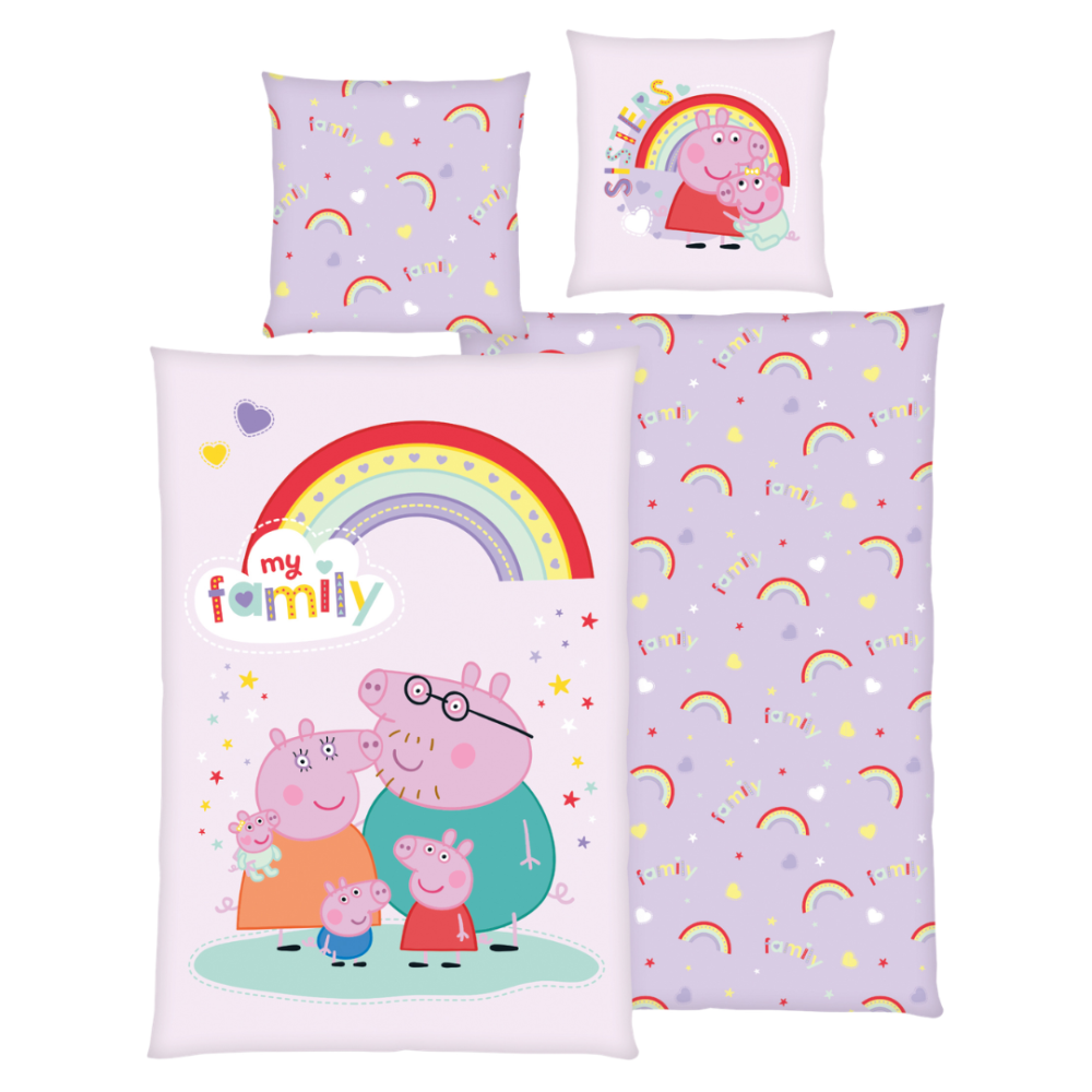 Pościel bawełniana „Peppa Pig“. Pościel bawełniana, 135x200 cm. Jasnofioletowy komplet pościeli z rodziną peppa pig i tęczą. Pościel bawełniana „Peppa Pig“. Pościel bawełniana, 135x200 cm. Jasnofioletowy komplet pościeli z rodziną peppa pig i tęczą.
