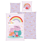Pościel bawełniana „Peppa Pig“. Pościel bawełniana, 135x200 cm. Jasnofioletowy komplet pościeli z rodziną peppa pig i tęczą. Pościel bawełniana „Peppa Pig“. Pościel bawełniana, 135x200 cm. Jasnofioletowy komplet pościeli z rodziną peppa pig i tęczą.