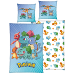 Pościel bawełniana „Pokemon“. Pościel bawełniana, 135x200 cm. Jasnoniebieski komplet pościeli pokémon z kolorowymi postaciami bulbasaur, charmander i squirtle.
