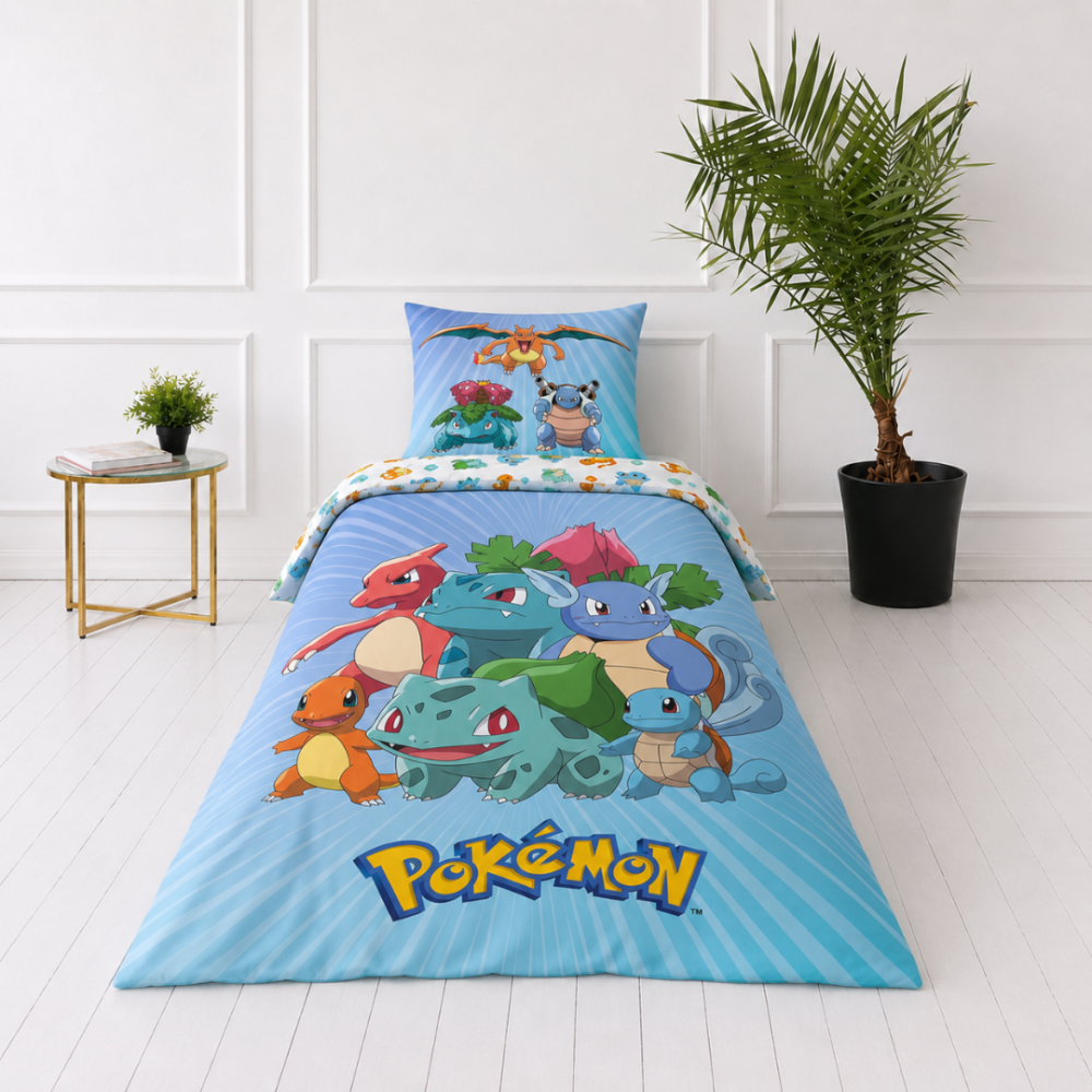 Pościel bawełniana „Pokemon“. Pościel bawełniana, 135x200 cm. Komplet pościeli w niebieskich odcieniach z dużymi, kolorowymi postaciami pokémon.