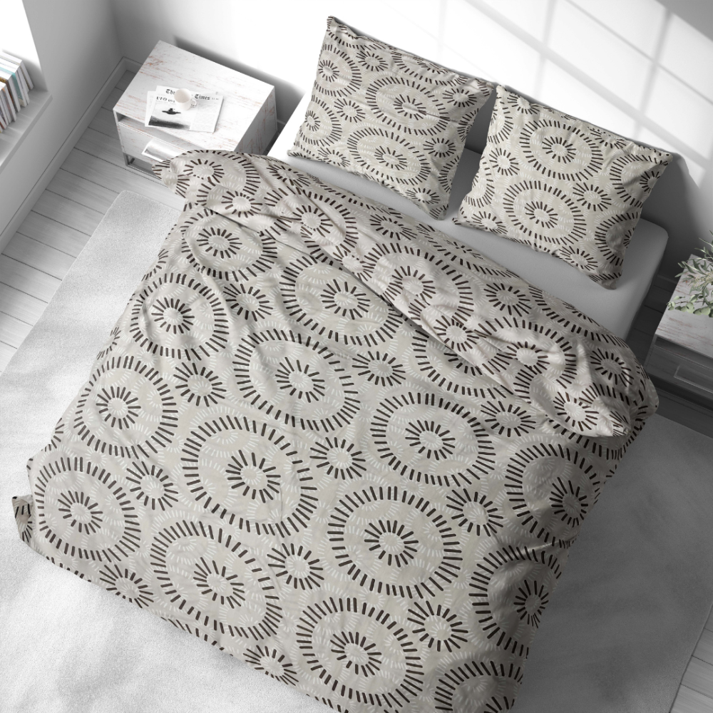 Komplet pościeli „Round Robin“. Komplety pościeli 140x200, 140x200 cm, 200x200 cm, 200x220 cm. Zestaw pościeli z elegancką kompozycją czarno-białych okręgów, idealny do nowoczesnych wnętrz.