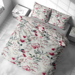 Komplet pościeli „Sparkling Flowers“. Komplety pościeli 140x200, 140x200 cm, 200x200 cm, 200x220 cm. Designerski wzór akwarelowy z różowymi kwiatami i zielonymi liśćmi na białym tle.