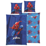 Pościel bawełniana „Spiderman“. Pościel bawełniana, 135x200 cm. Niebieski wzór pościeli spider-man z czerwono-niebieskim spider-manem na tle ciemnego miasta