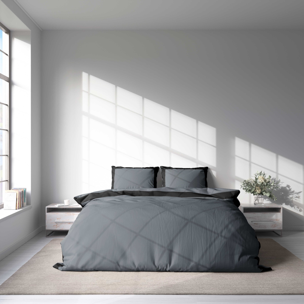 Komplet pościeli "Squared Dark". Komplety pościeli 200x220, 200x220 cm. Elegancki ciemnoszary zestaw pościeli ozdobiony odważną czarną ramką, tworzącą urzekający kontrast.