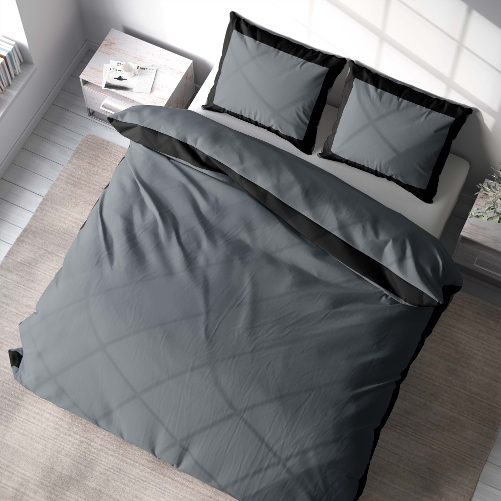 Komplet pościeli "Squared Dark". Komplety pościeli 200x220, 200x220 cm. Piękna ciemnoszara pościel podkreślona efektownym czarnym obramowaniem, podkreślającym jej nowoczesny wygląd.