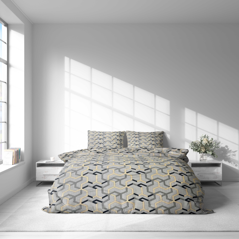 Komplet pościeli „Vibe“. Komplety pościeli 140x200, 140x200 cm, 200x200 cm, 200x220 cm. Dwuczęściowy komplet pościeli z delikatnym żółto-czarnym wzorem geometrycznym.