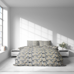 Komplet pościeli „Vibe“. Komplety pościeli 140x200, 140x200 cm, 200x200 cm, 200x220 cm. Dwuczęściowy komplet pościeli z delikatnym żółto-czarnym wzorem geometrycznym.