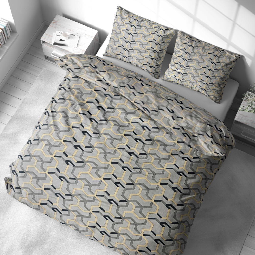 Komplet pościeli „Vibe“. Komplety pościeli 140x200, 140x200 cm, 200x200 cm, 200x220 cm. Bawełniany komplet pościeli z nowoczesną kompozycją w szarym, żółtym i czarnym wzorze geometrycznym.