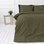 Pościel perkal „Moss Green Percale“. Pościel 150x200, 140x200 cm, 150x200 cm, 160x200 cm, 180x200 cm, 200x200 cm, 200x220 cm, 220x240 cm. Pościel w przygaszonym odcieniu zieleni khaki z szarawym podtonem.
