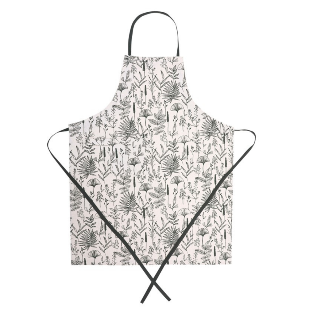 Fartuch „Ralph apron“. Fartuchy. Jasny fartuch z szarozielonym botanicznym wzorem roślinnym Fartuch „Ralph apron“. Fartuchy. Jasny fartuch z szarozielonym botanicznym wzorem roślinnym