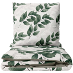Pościel satyna bawełniana „Viridelle“. Zielona pościel, 140x200 cm, 150x200 cm, 160x200 cm, 180x200 cm, 200x200 cm, 200x220 cm. Jasny komplet pościeli z motywem zielonych liści