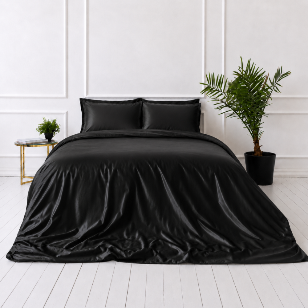 Komplet pościeli jedwabnej "Onyx Silk". Pościel jednokolorowa, 200x220 cm. Elegancki czarny jedwabny komplet pościeli z bogatym połyskiem i gładką powierzchnią. Komplet pościeli jedwabnej "Onyx Silk". Pościel jednokolorowa, 200x220 cm. Elegancki czarny jedwabny komplet pościeli z bogatym połyskiem i gładką powierzchnią.