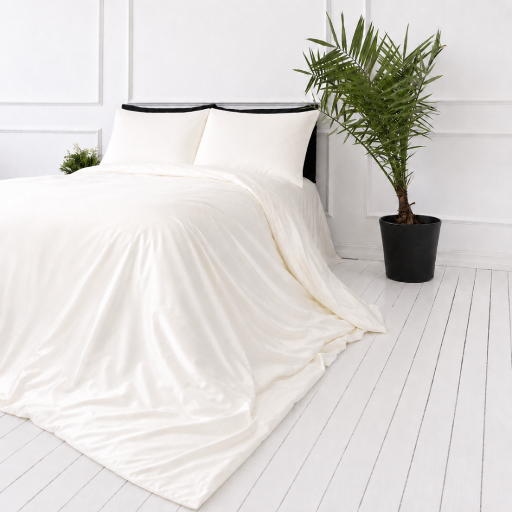 Komplet pościeli jedwabnej "Pearl White Silk". Komplety pościeli, 200x200 cm, 200x220 cm. Elegancki kremowy komplet pościelowy z jedwabnym połyskiem. Komplet pościeli jedwabnej "Pearl White Silk". Komplety pościeli, 200x200 cm, 200x220 cm. Elegancki kremowy komplet pościelowy z jedwabnym połyskiem.