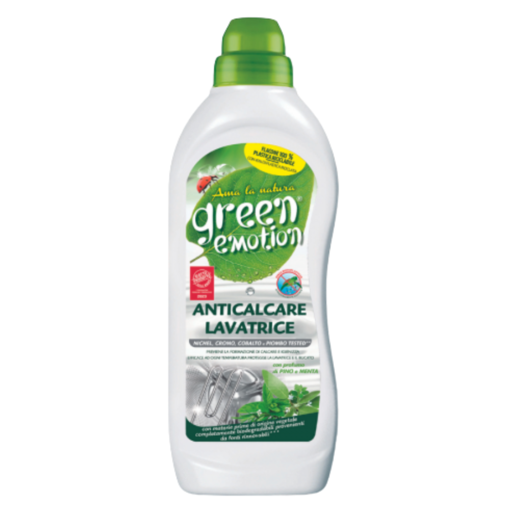 Środek do czyszczenia pralki "Green emotion Mint Washing machine cleaner". Środek do czyszczenia pralek green emotion na pralce z zieloną butelką – ekologiczny odkamieniacz do pralki