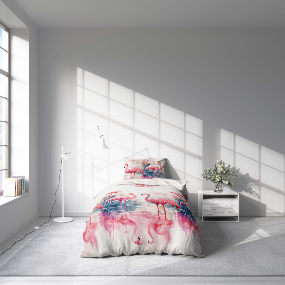 Pościeli dziecięcej "Flamingo Paradise". Pościel Dla Dzieci, 140x200 cm. Kwiaty i tropikalne palmy razem z flamingami tworzą ciepły i radosny wzór, idealny do pokoju dziecięcego.