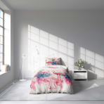 Pościeli dziecięcej "Flamingo Paradise". Pościel Dla Dzieci, 140x200 cm. Kwiaty i tropikalne palmy razem z flamingami tworzą ciepły i radosny wzór, idealny do pokoju dziecięcego.