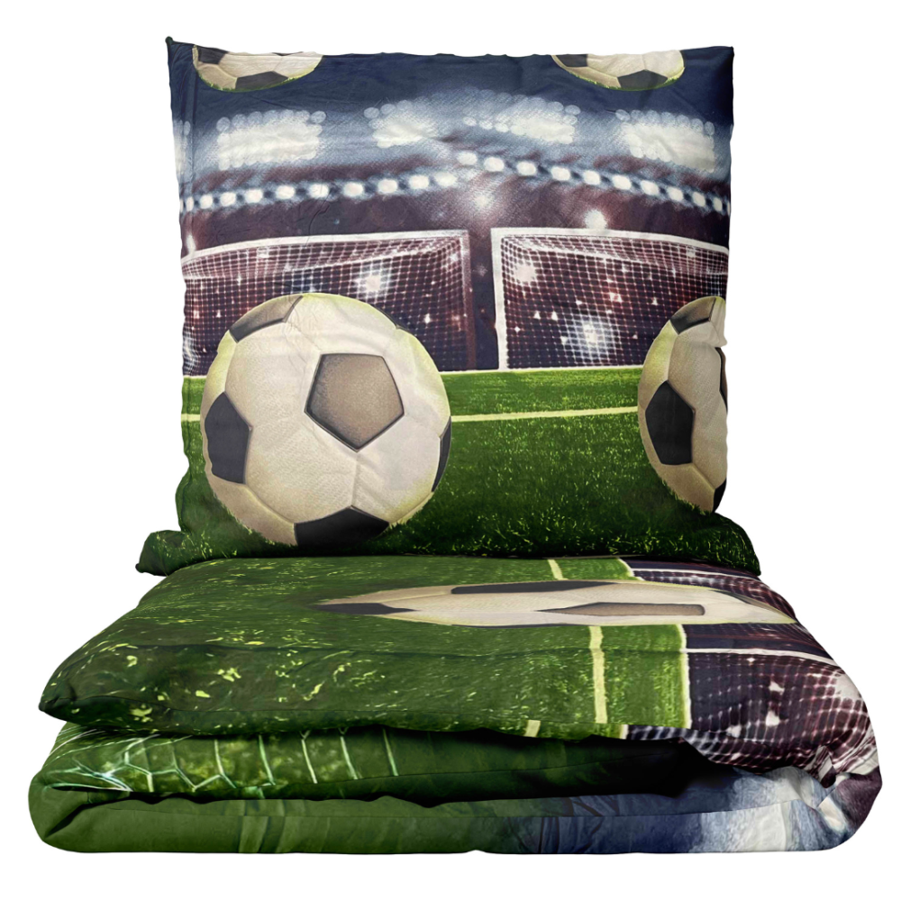 Pościeli dziecięcej "Ultimate Goal". Pościel Dla Dzieci, 140x200 cm. Piłki nożne i bramki z oświetleniem stadionu – zabawny i energetyczny design dla dzieci.