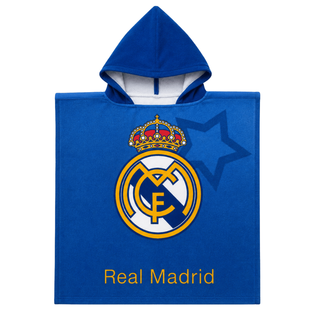 Dziecięce poncho „Real Madrid“. Akcesoria łazienkowe. Miękkie bawełniane ponczo dla dzieci z emblematem „real madrid”. Dziecięce poncho „Real Madrid“. Akcesoria łazienkowe. Miękkie bawełniane ponczo dla dzieci z emblematem „real madrid”.