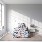 Komplet pościeli pojedyncza "Elegant". Komplety pościeli 140x200, 140x200 cm. Elegancki biały komplet pościeli z zielonymi łodygami i różowymi kwiatami, idealny do odświeżenia wystroju.